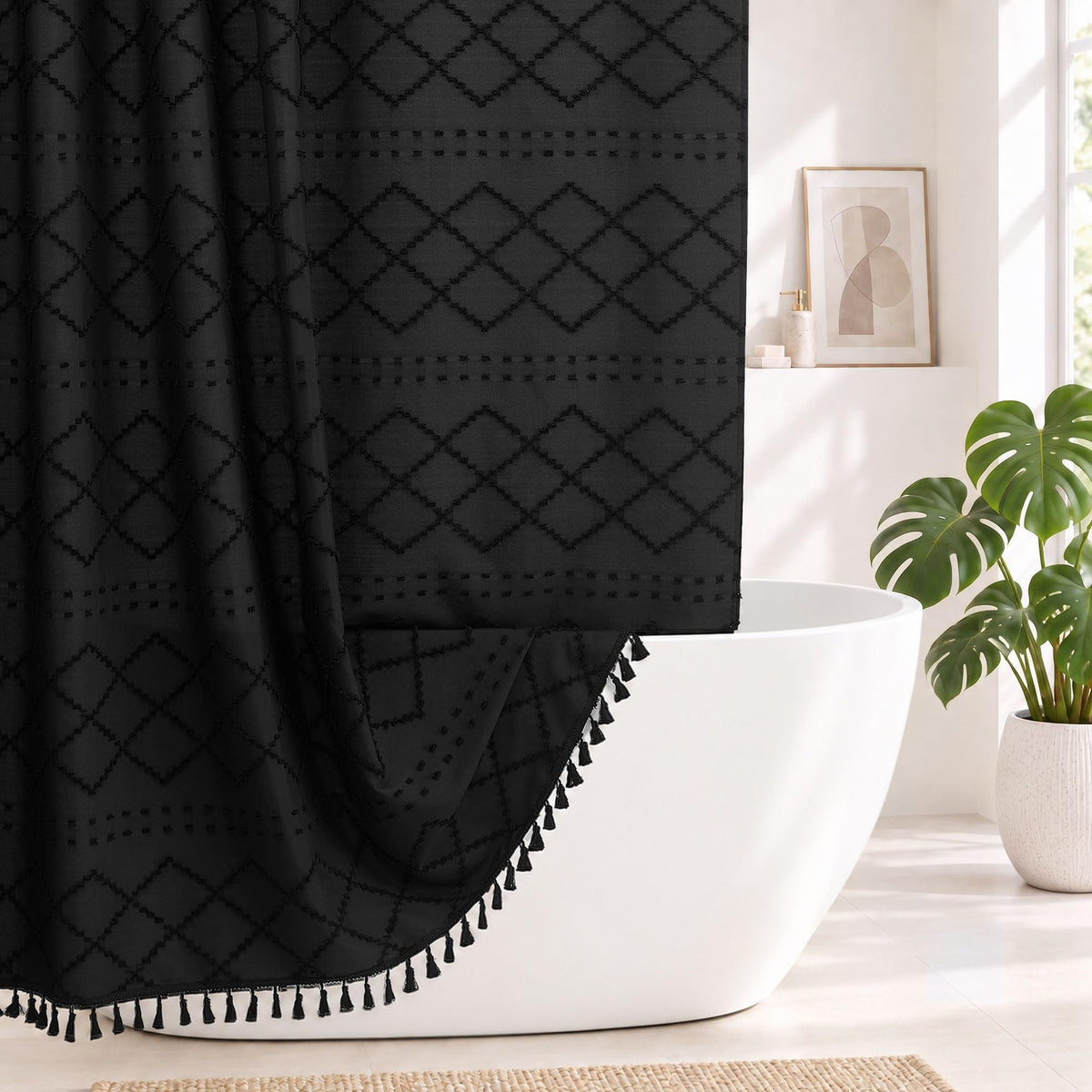 White Boho Shower Curtain Fabric Shower Curtains with Tassel 72 x 72 Modern Textured Shower Curtain Farmhouse Minimalist, Tufted Chevron Striped Shabby Chic, Water Resistant Cloth Curtain for Bathroom