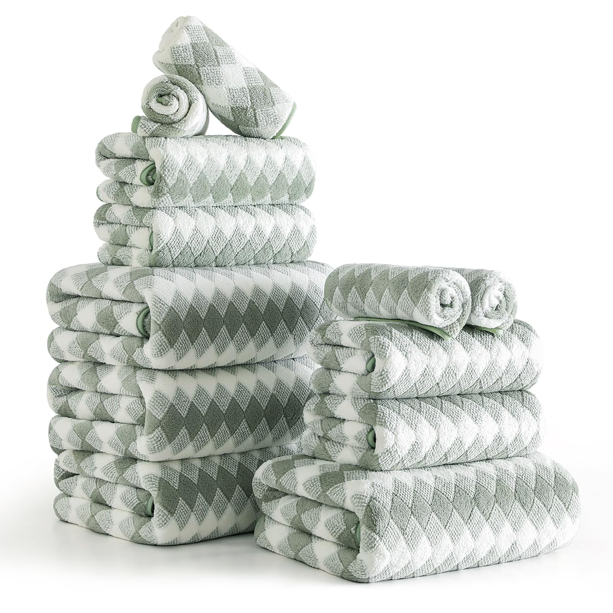 12 Pcs Black White Diamond Towel Set-4 Bath Towels,4 Hand Towels,4 Washcloths Soft Polyester Towels with Loop Absorbent Shower Towel Quick Dry Beach Chair Towel Family Towels for Bathroom Spa Gym Pool