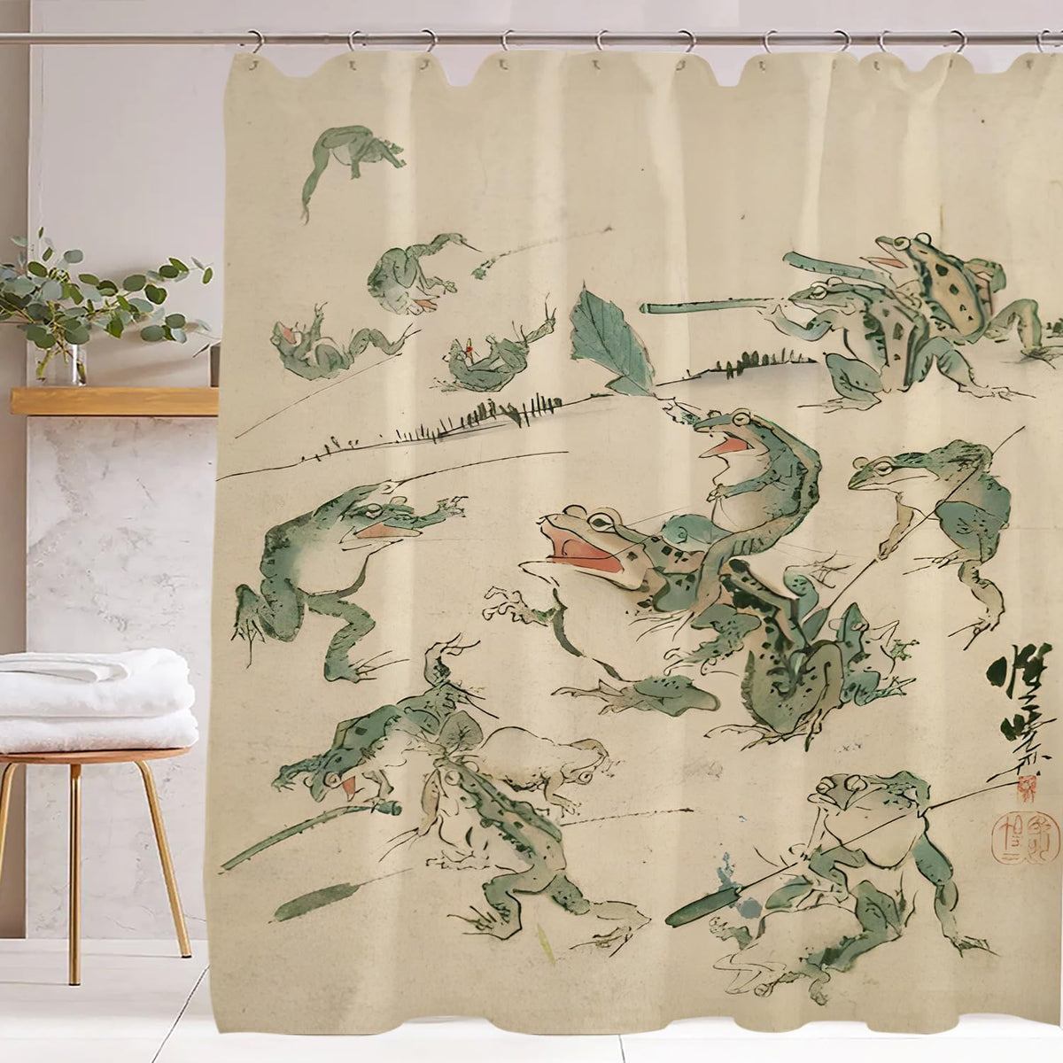 Unimpressed Frog Shower Curtain Ink Cute Funny Asian Style Traditional Japanese Art Bath Curtain Anime Waterproof and Fabric Curtain Cool for Bathroom 72x72inch