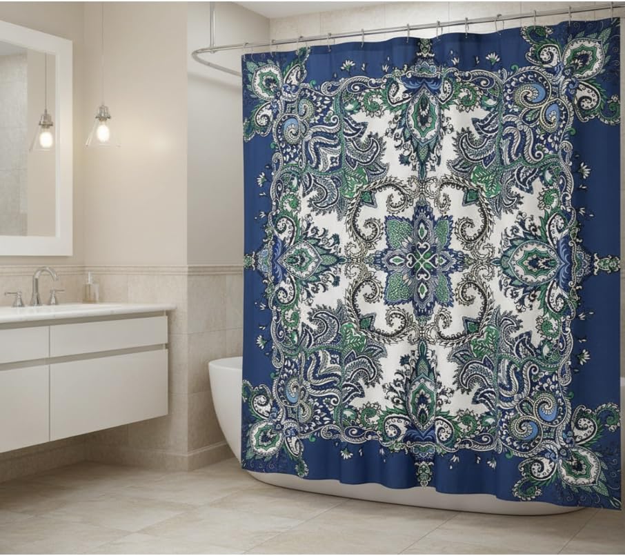 Blue Floral Fabric Shower Curtain Farmhouse Border Design for Bath 72x72