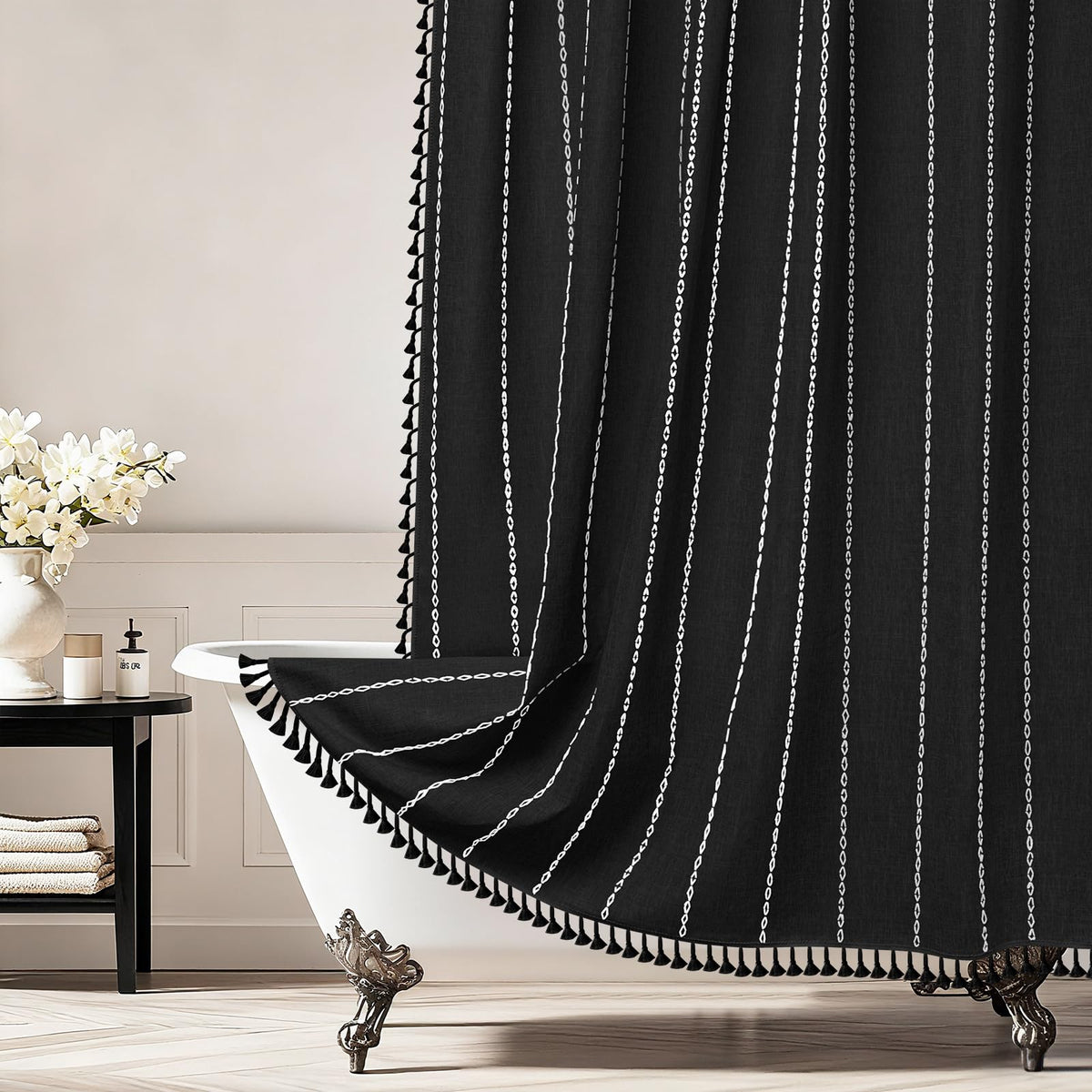 Seenus Boho Farmhouse Linen Shower Curtain with Tassels, Heavyweight Soft Fabric Shower Curtain Beige Water Repellent, 72 x 72 Inch Cream Elegant Bathroom Decor Shower Curtains Cotton Striped