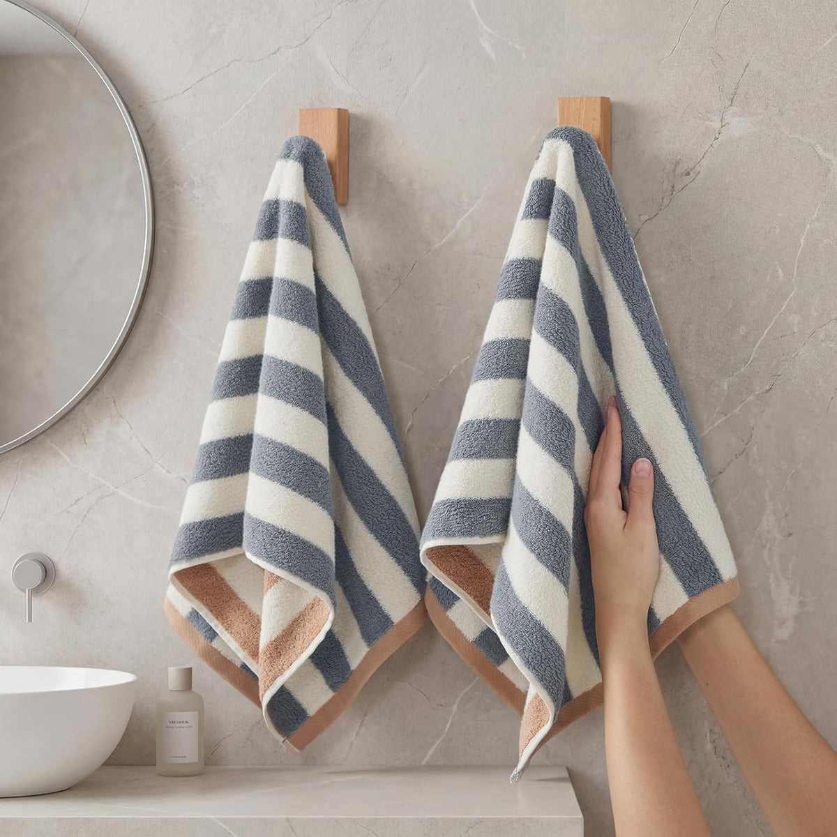 REDKISS Striped Hand Towels for Bathroom, Kitchen Decor, Guest Use, Kids & Adults, 100% Cotton, 12” x 28”, 2 Pack