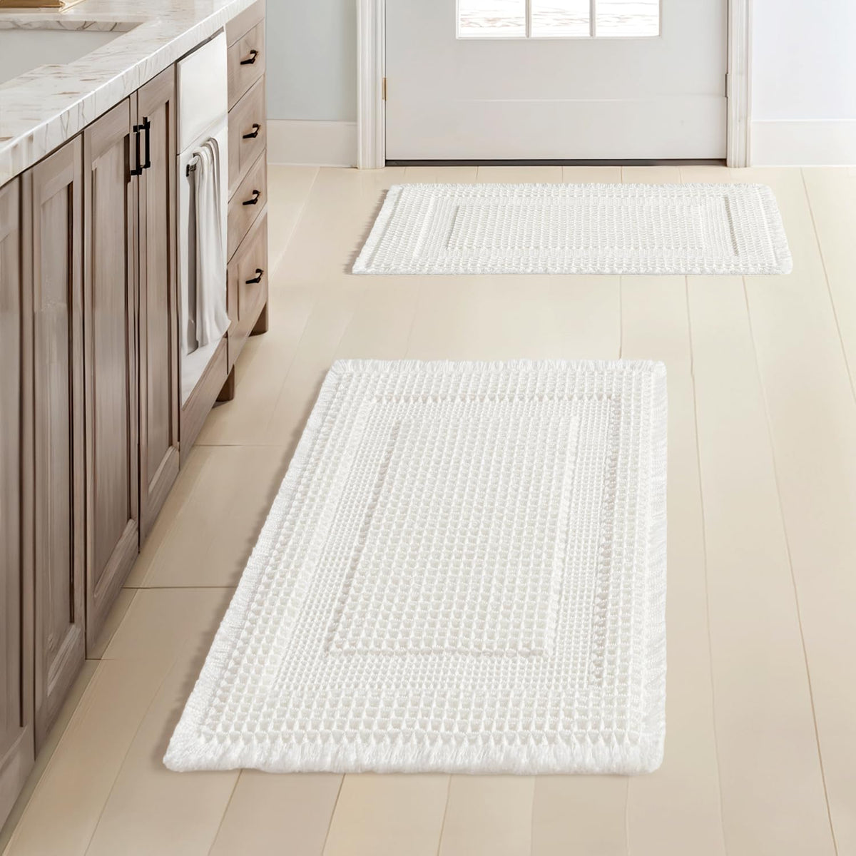MIULEE Set of 2 Waffle Bathroom Rugs Brown&Cream Boho Bath Mat 17x24+18x30