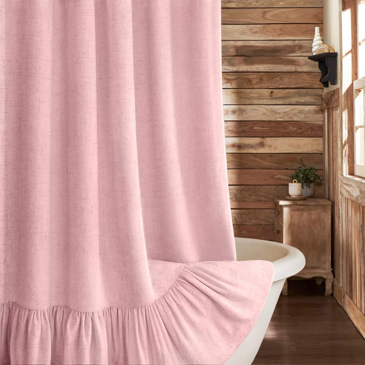Farmhouse Shower Curtain Ruffle Linen Beige 72" W x 72" L