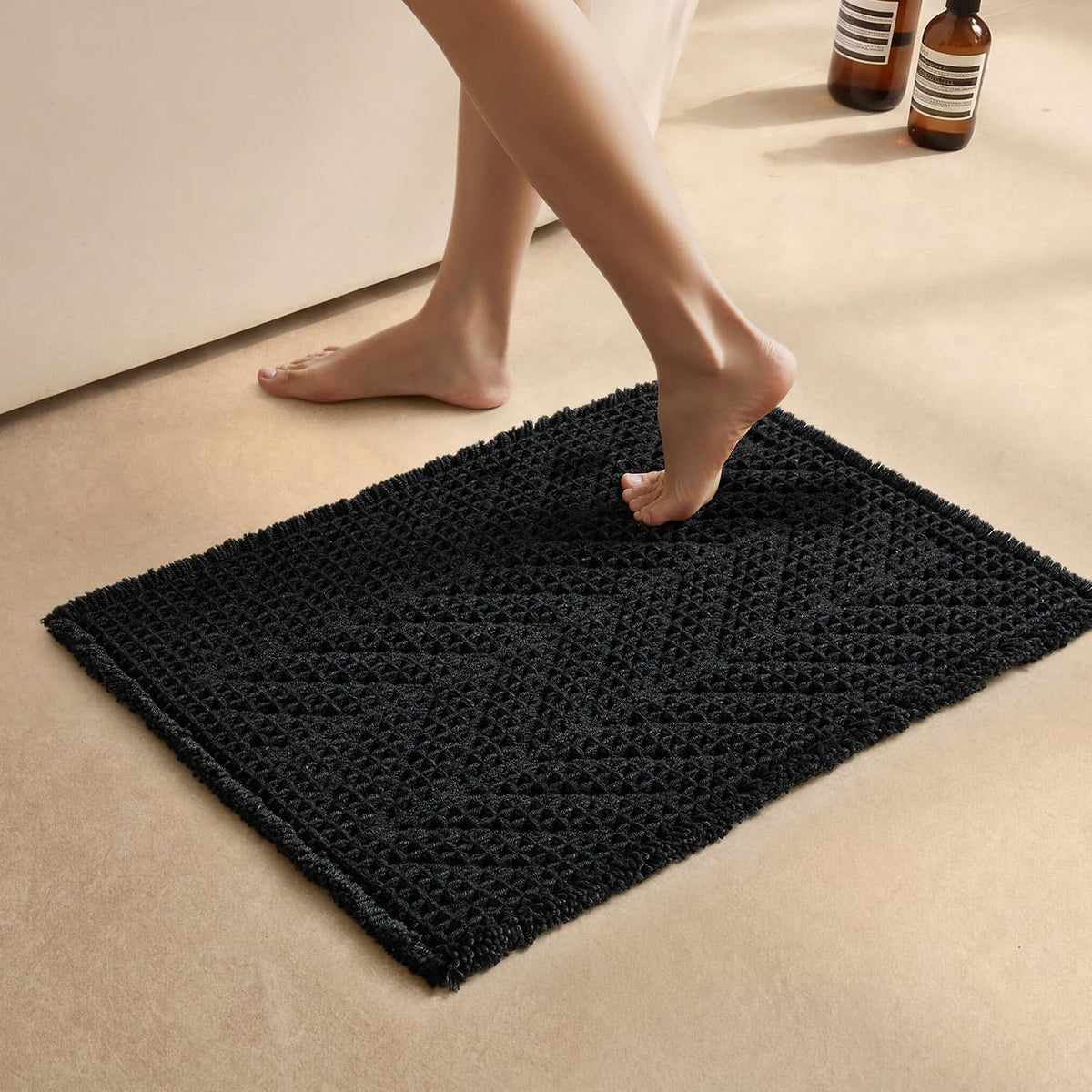 Sunfly Boho Herringbone Waffle Bath Mat, Ultra Soft Non-Slip Bathroom Rug - Super Absorbent & Quick Dry, Washable Bath Rug for Bathroom 16"x24" Taupe