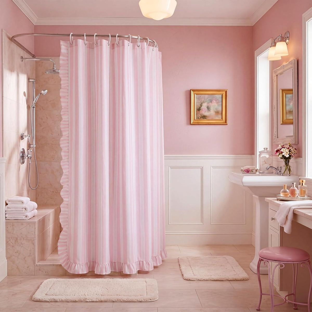 Pink Ruffled Striped Shower Curtain