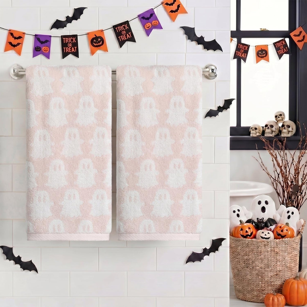 Artoid Mode 2 Pcs Pink Ghost Halloween Hand Towels for Bathroom
