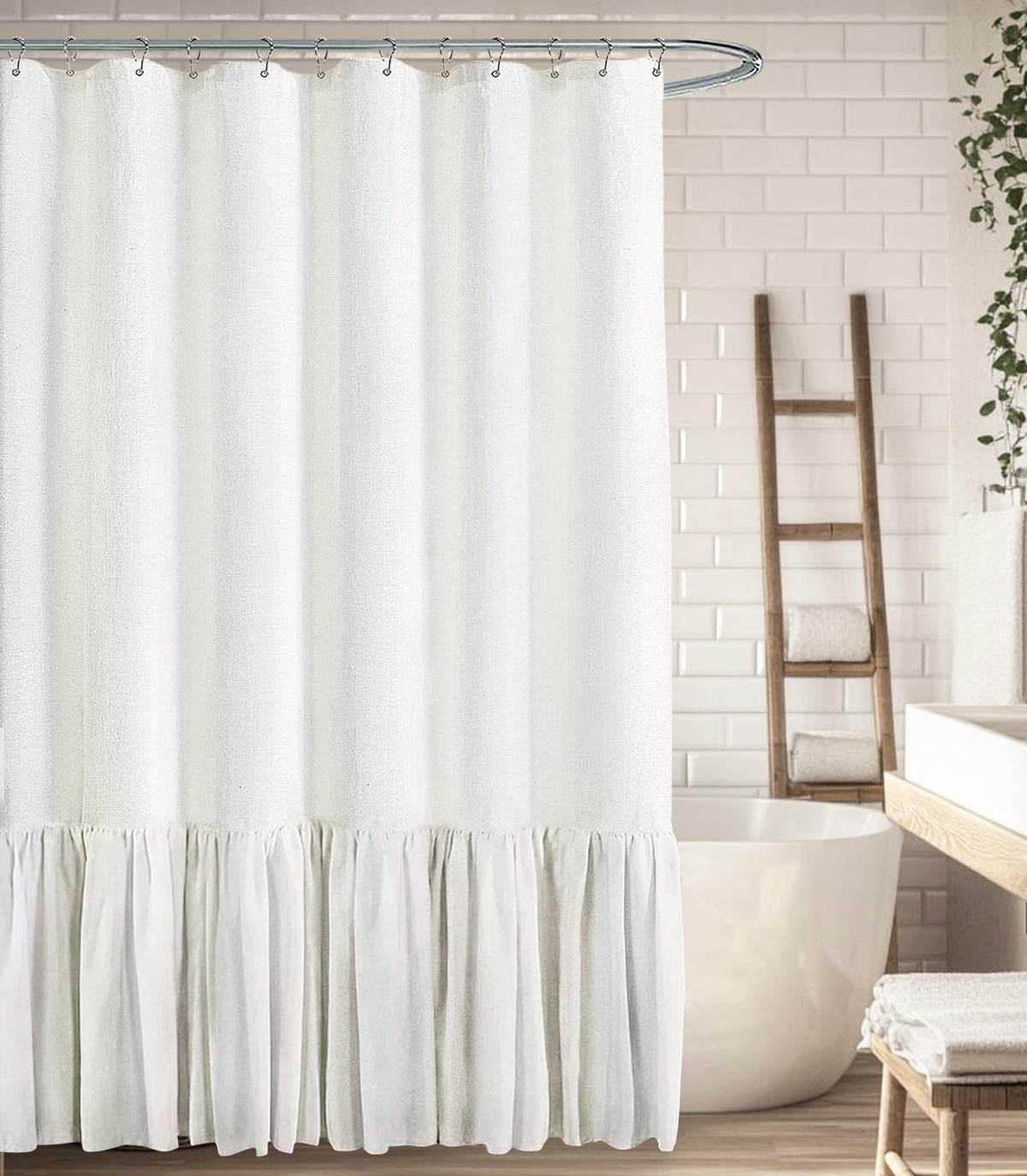 Farmhouse Shower Curtain Ruffle Linen Beige 72" W x 72" L