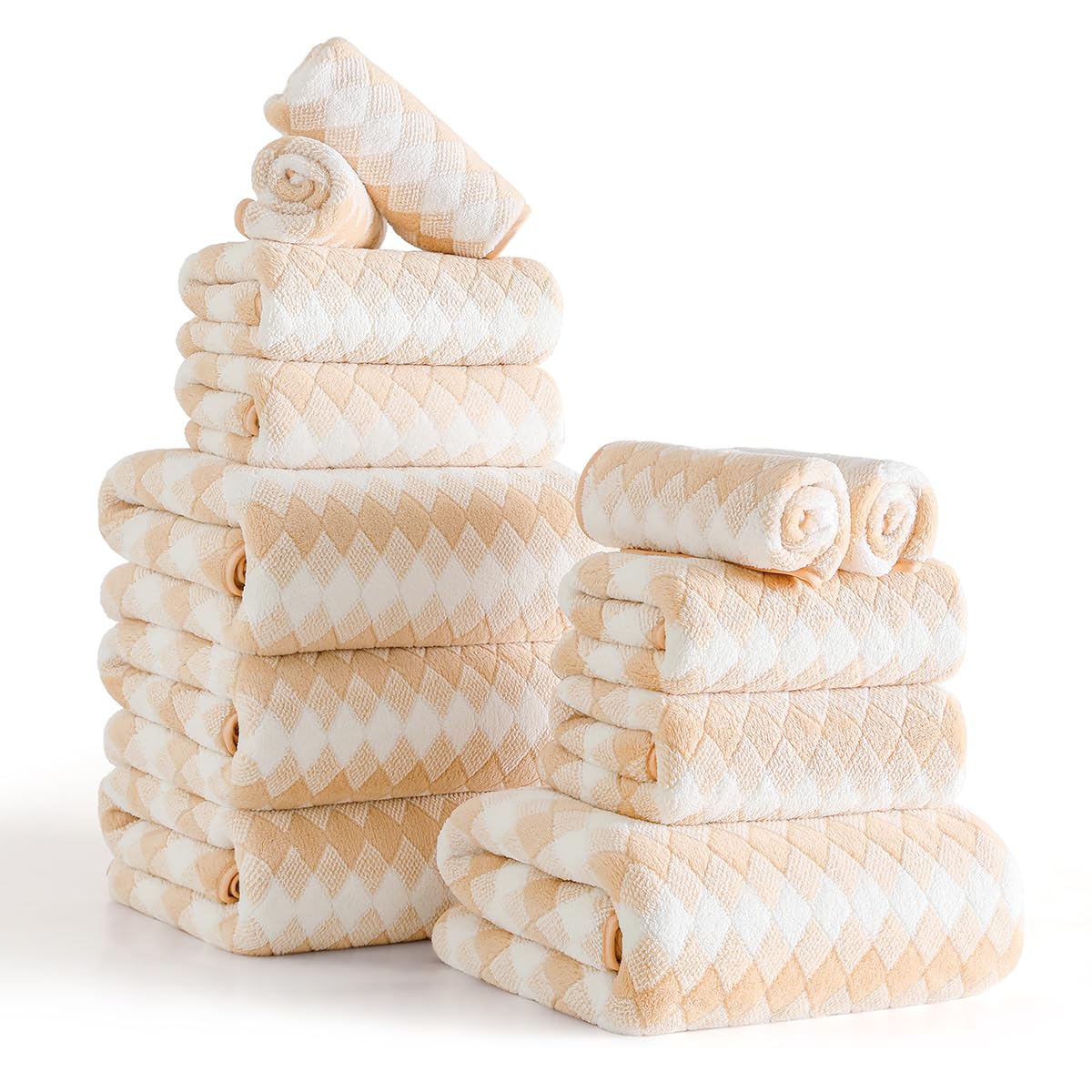 12 Pcs Black White Diamond Towel Set-4 Bath Towels,4 Hand Towels,4 Washcloths Soft Polyester Towels with Loop Absorbent Shower Towel Quick Dry Beach Chair Towel Family Towels for Bathroom Spa Gym Pool