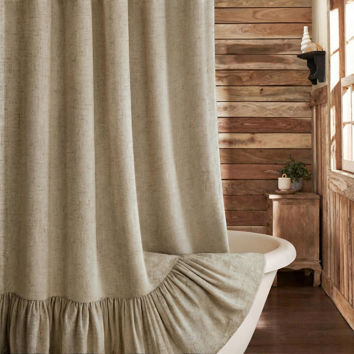 Farmhouse Shower Curtain Ruffle Linen Beige 72" W x 72" L