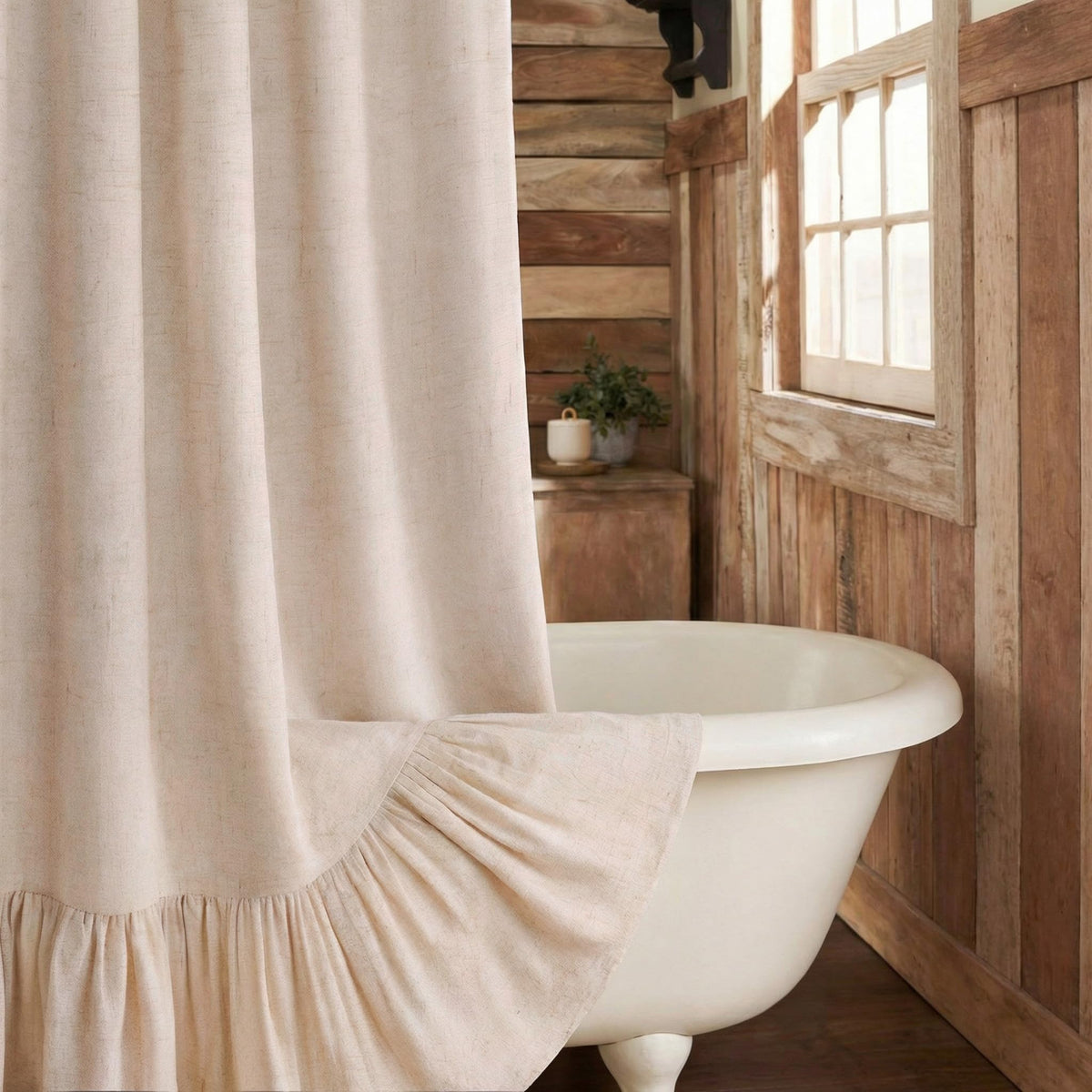 Farmhouse Shower Curtain Ruffle Linen Beige 72" W x 72" L