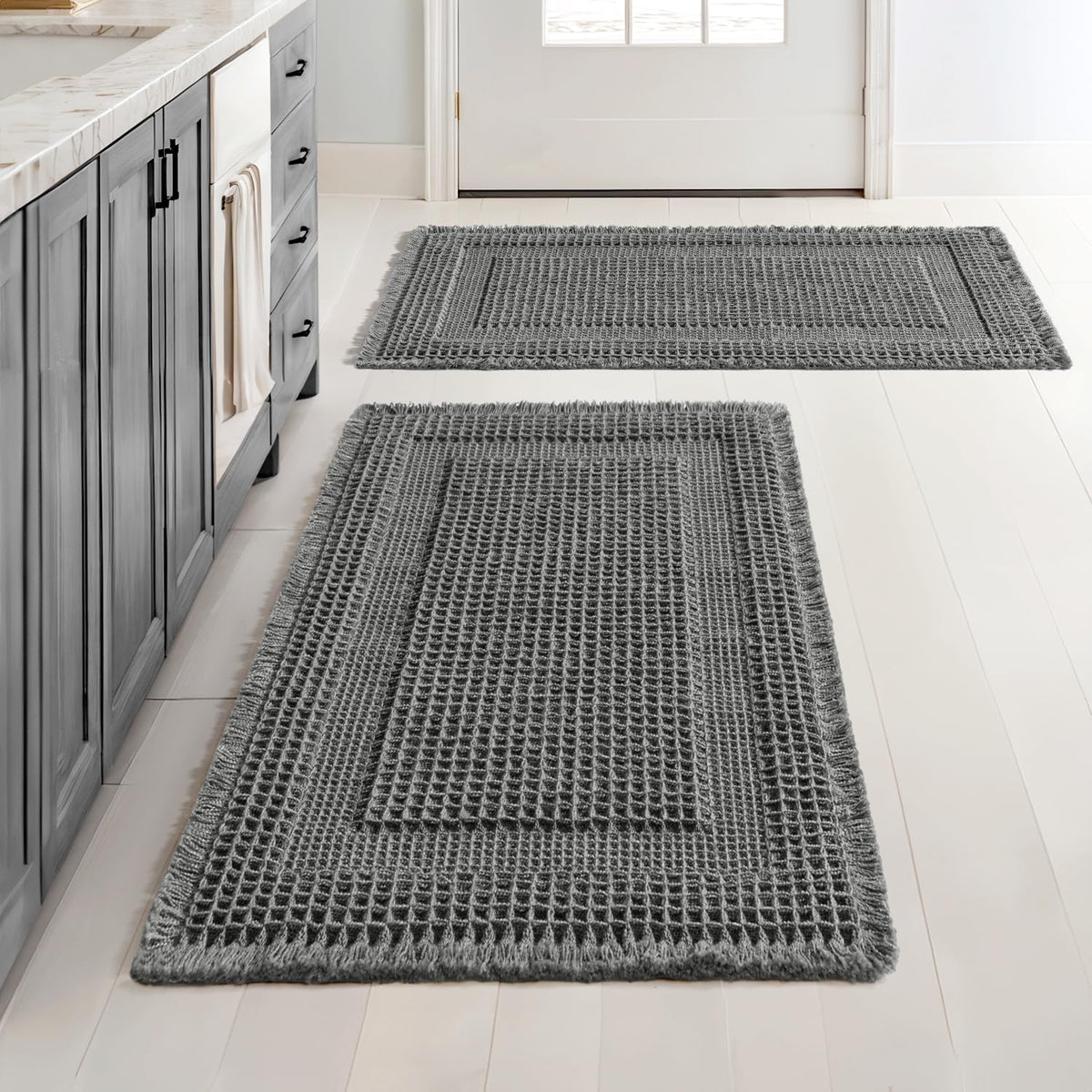 MIULEE Set of 2 Waffle Bathroom Rugs Brown&Cream Boho Bath Mat 17x24+18x30