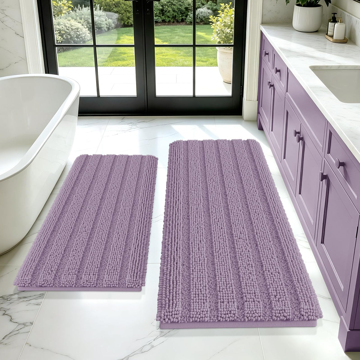 ACCUMTEK Christmas Striped Pink Bathroom Rug Set 3 Pieces Ultra Soft, Non Slip Chenille Toilet Mat, Absorbent Plush Shaggy Bath Mats for Bathroom, Bedroom, Kitchen