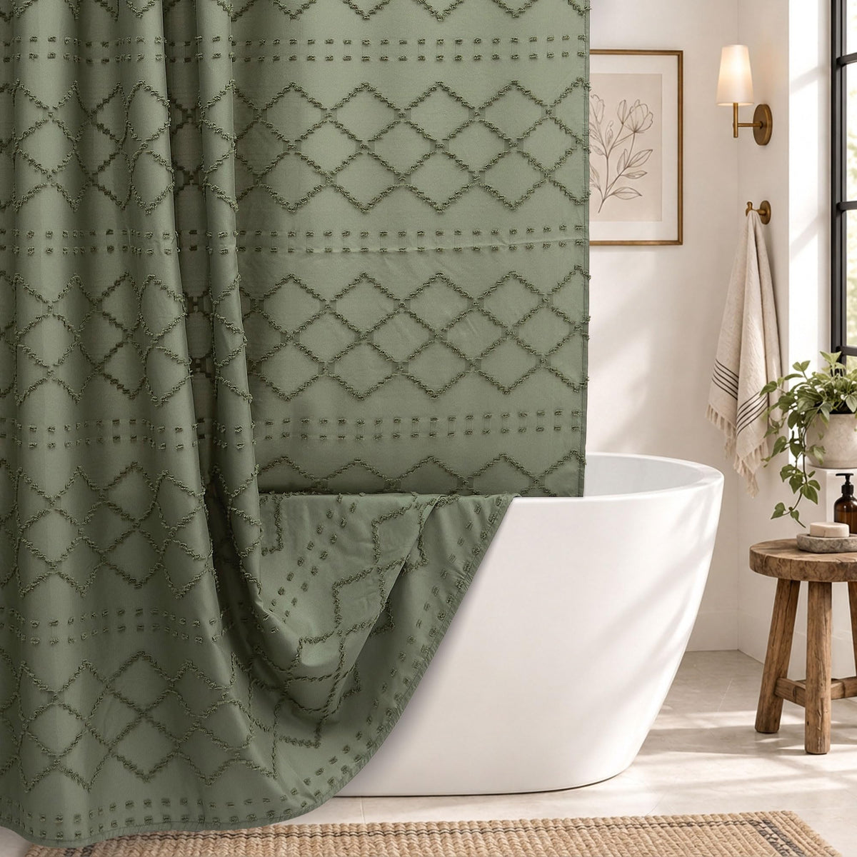 White Boho Shower Curtain Fabric Shower Curtains with Tassel 72 x 72 Modern Textured Shower Curtain Farmhouse Minimalist, Tufted Chevron Striped Shabby Chic, Water Resistant Cloth Curtain for Bathroom
