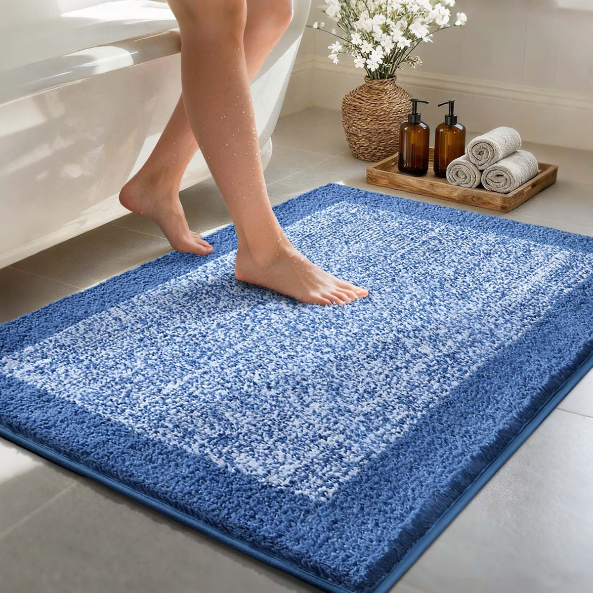 48x24 Long Bathroom Rugs Non Slip Washable, Soft Absorbent Bath Mat Blue