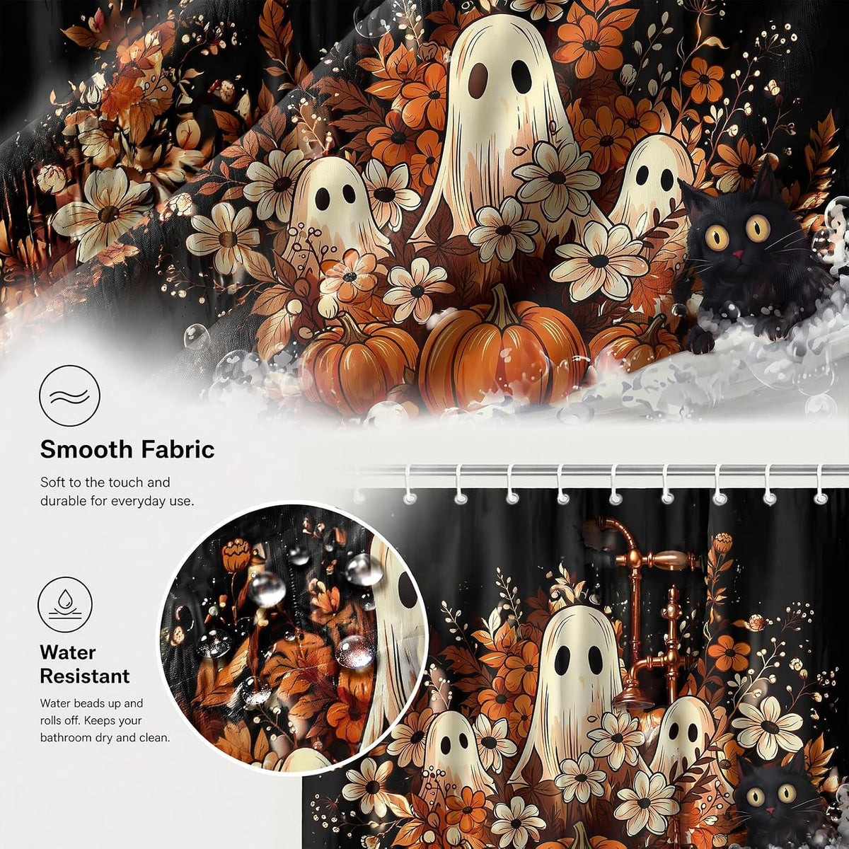 Halloween Shower Curtain 71x71in, Ghost Floral Bath Bathroom Decor