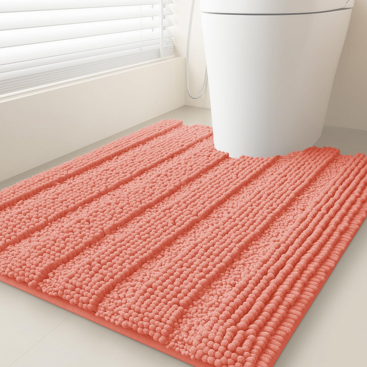 ACCUMTEK Christmas Striped Pink Bathroom Rug Set 3 Pieces Ultra Soft, Non Slip Chenille Toilet Mat, Absorbent Plush Shaggy Bath Mats for Bathroom, Bedroom, Kitchen