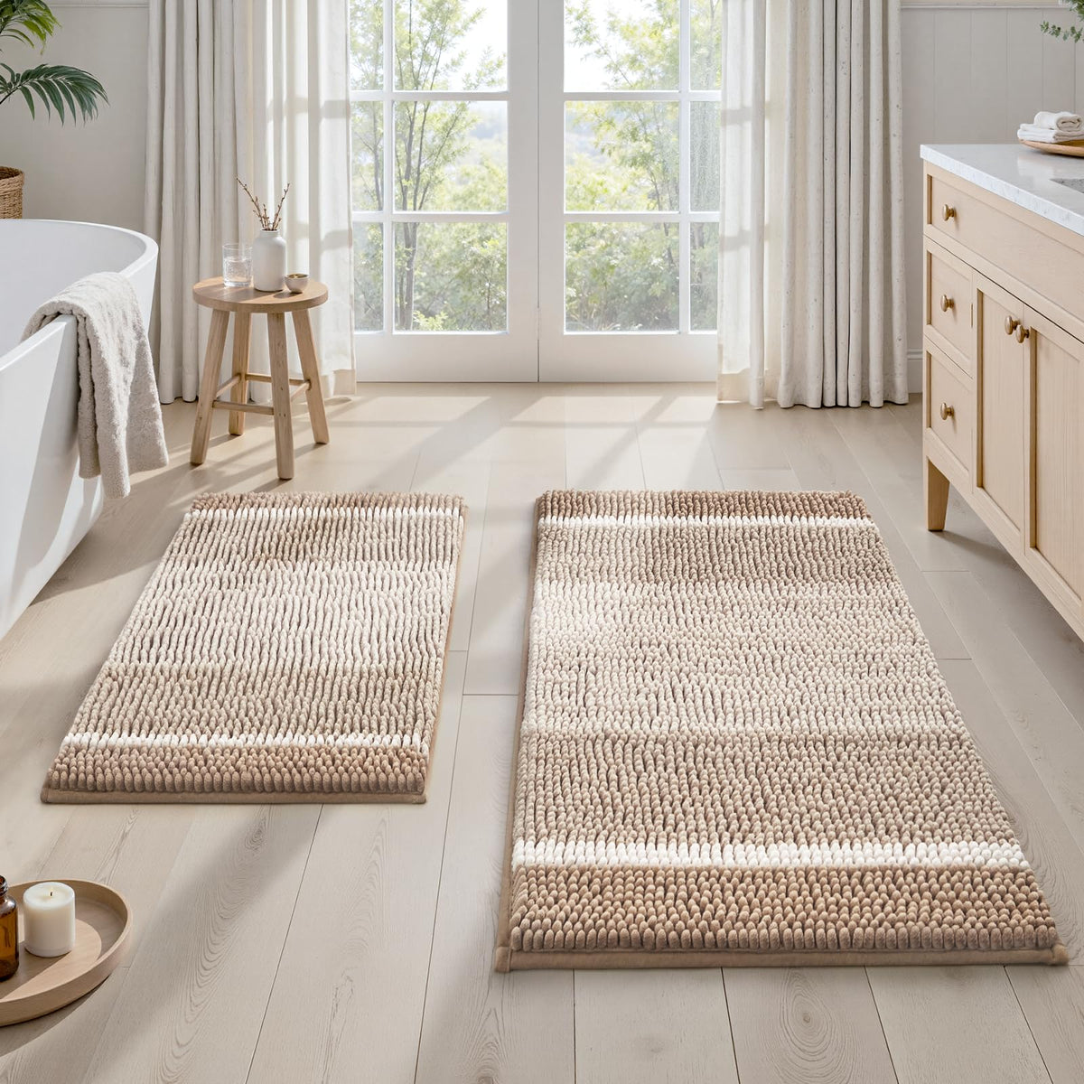 HOMEIDEAS Blue Bathroom Rugs Sets 2 Piece Chenille, 20"x32"+17"x24"