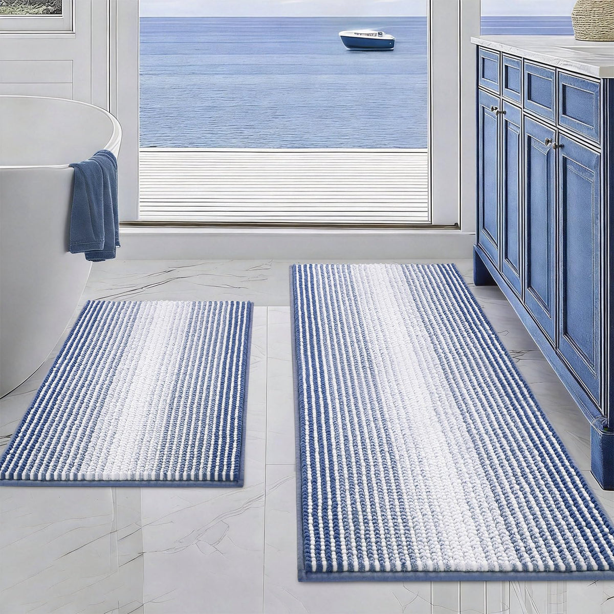 BSICPRO Large Chenille Bathroom Rugs Runner, 20x47 Striped Bath Mats, Beige