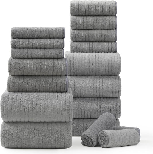 18 Piece Bath Towels Set,Ultra Soft Family Bathroom Towel Set with Hanging Loops-6 Bath Towels,6 Hand Towels,6 Washcloths,Highly Absorbent Quick Dry Shower Towel for Bathroom,Hotel,Spa-Grey Towel Set