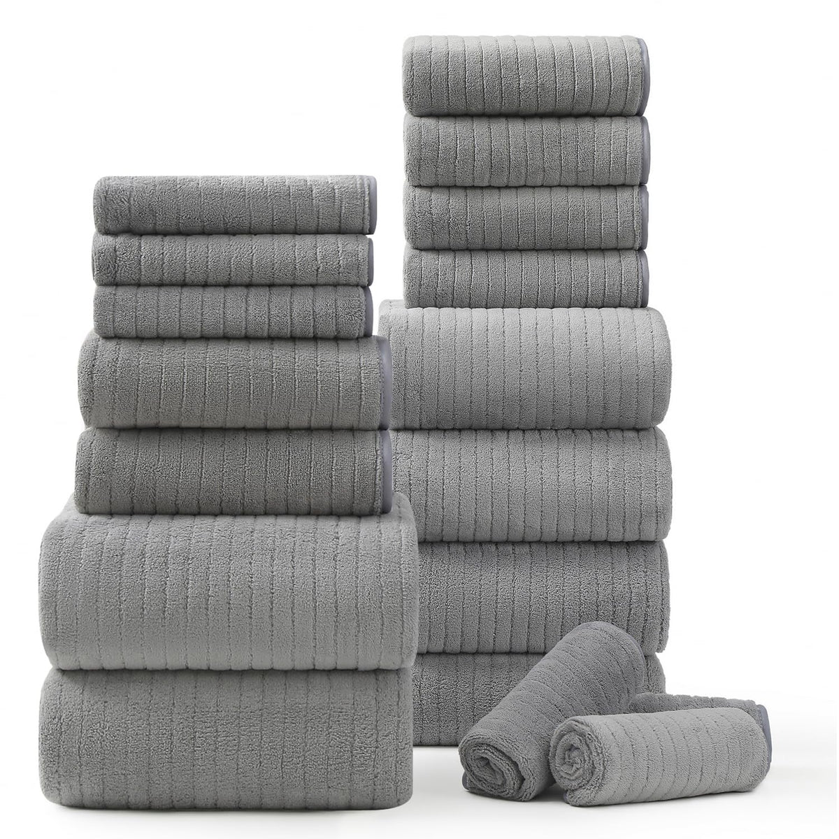18 Piece Bath Towels Set,Ultra Soft Family Bathroom Towel Set with Hanging Loops-6 Bath Towels,6 Hand Towels,6 Washcloths,Highly Absorbent Quick Dry Shower Towel for Bathroom,Hotel,Spa-Grey Towel Set