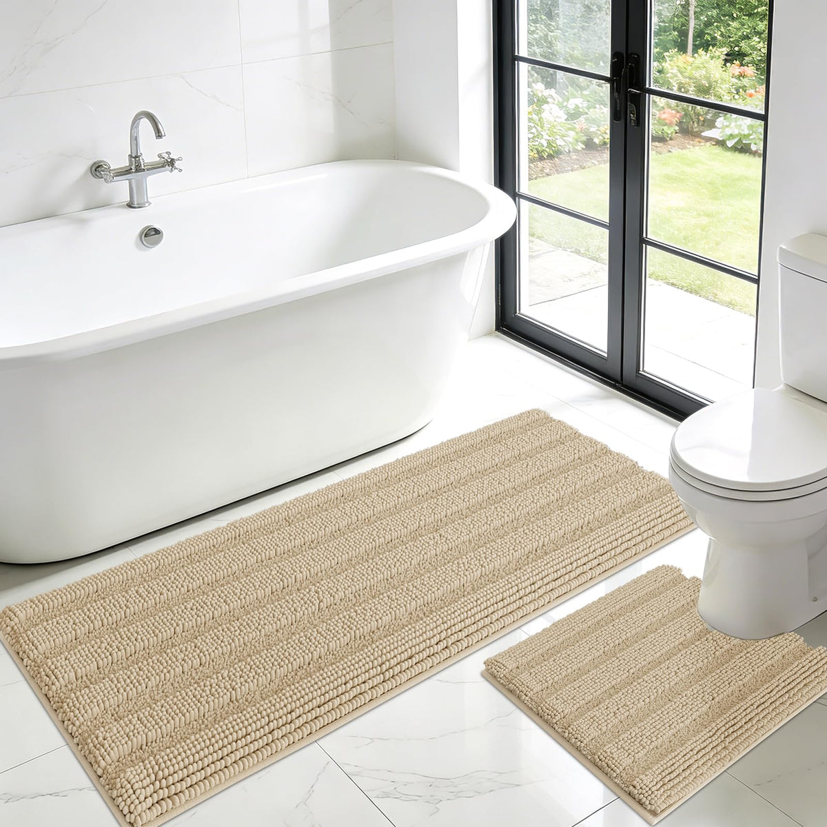 ACCUMTEK Christmas Striped Pink Bathroom Rug Set 3 Pieces Ultra Soft, Non Slip Chenille Toilet Mat, Absorbent Plush Shaggy Bath Mats for Bathroom, Bedroom, Kitchen