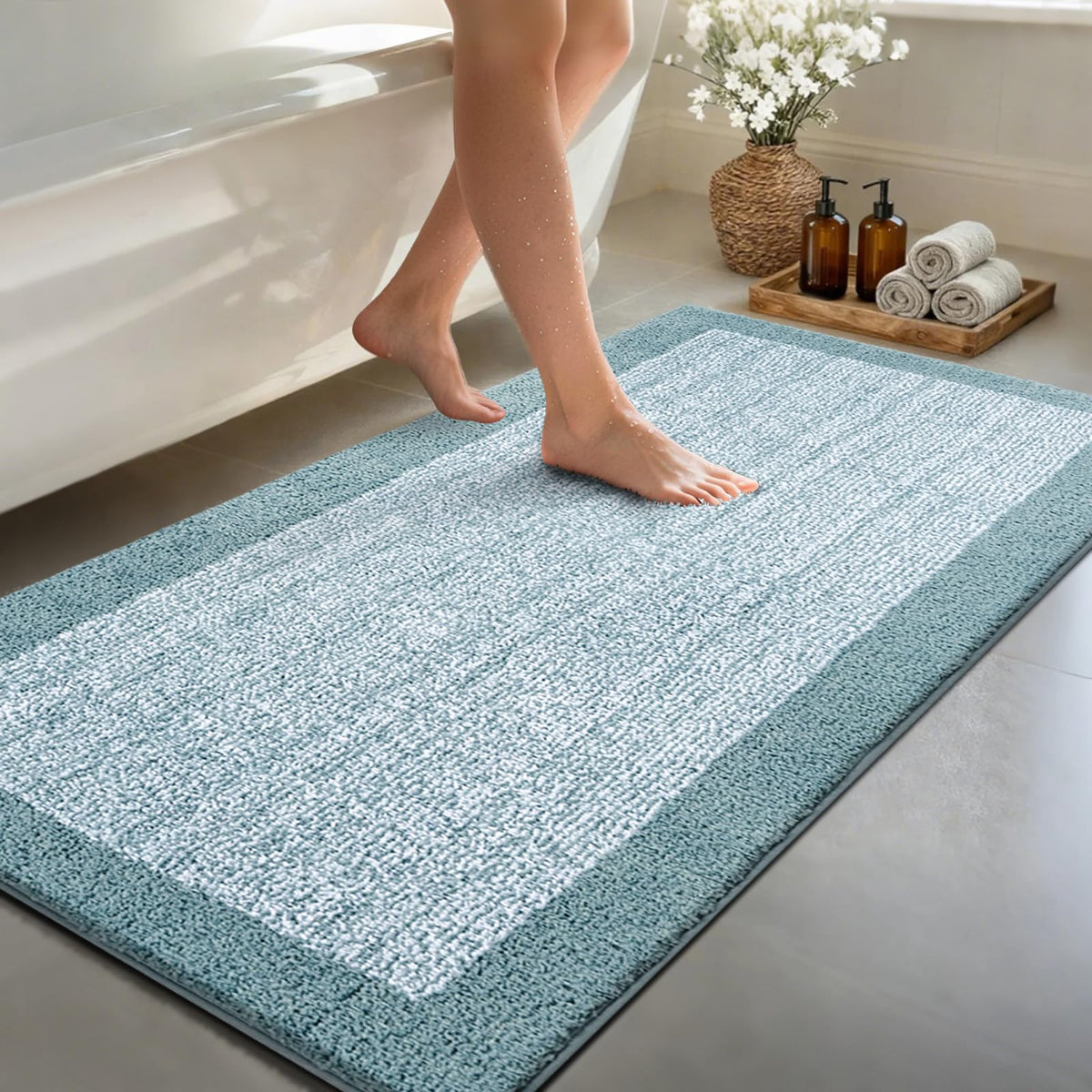 48x24 Long Bathroom Rugs Non Slip Washable, Soft Absorbent Bath Mat Blue