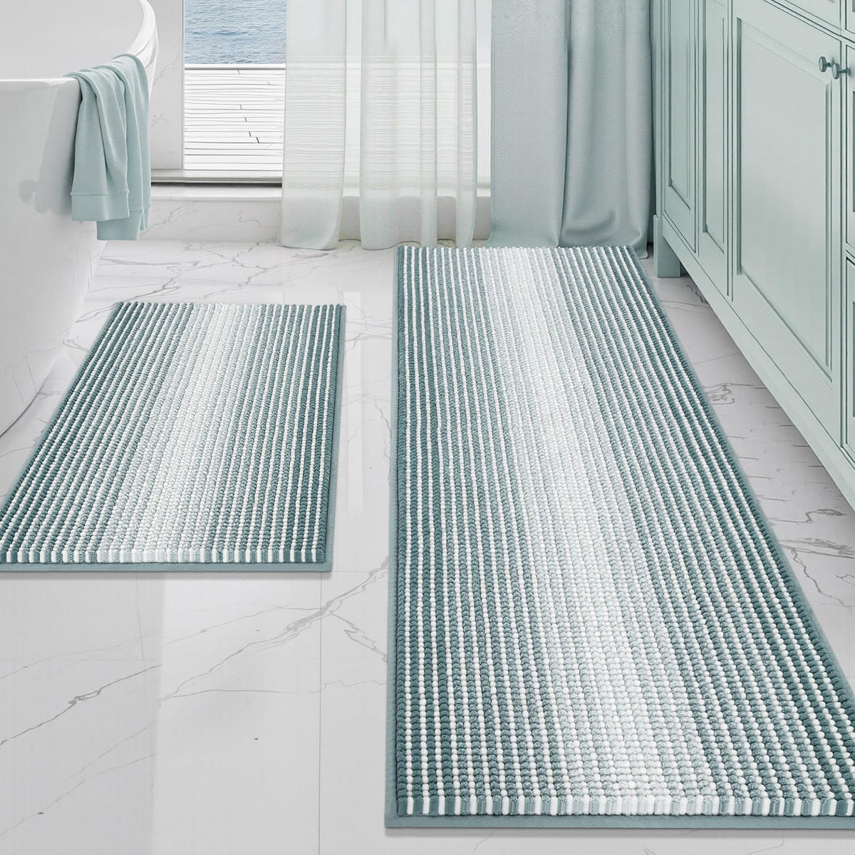 BSICPRO Large Chenille Bathroom Rugs Runner, 20x47 Striped Bath Mats, Beige