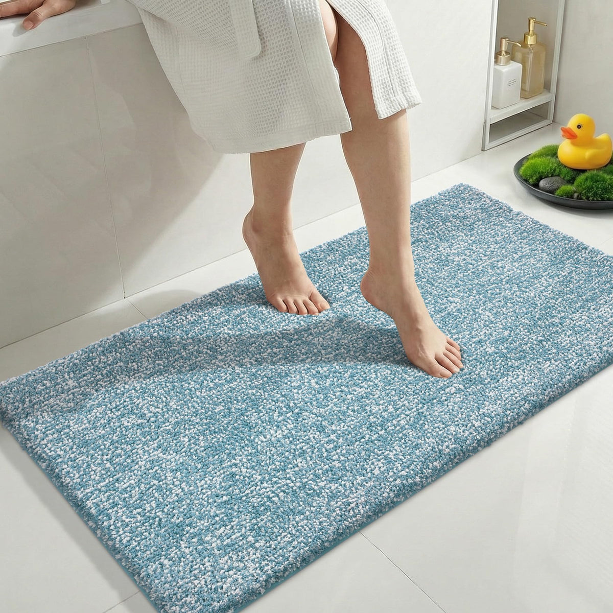 Yimobra Non Slip Machine Washable Bathroom Rug 32x20 Light Blue and White