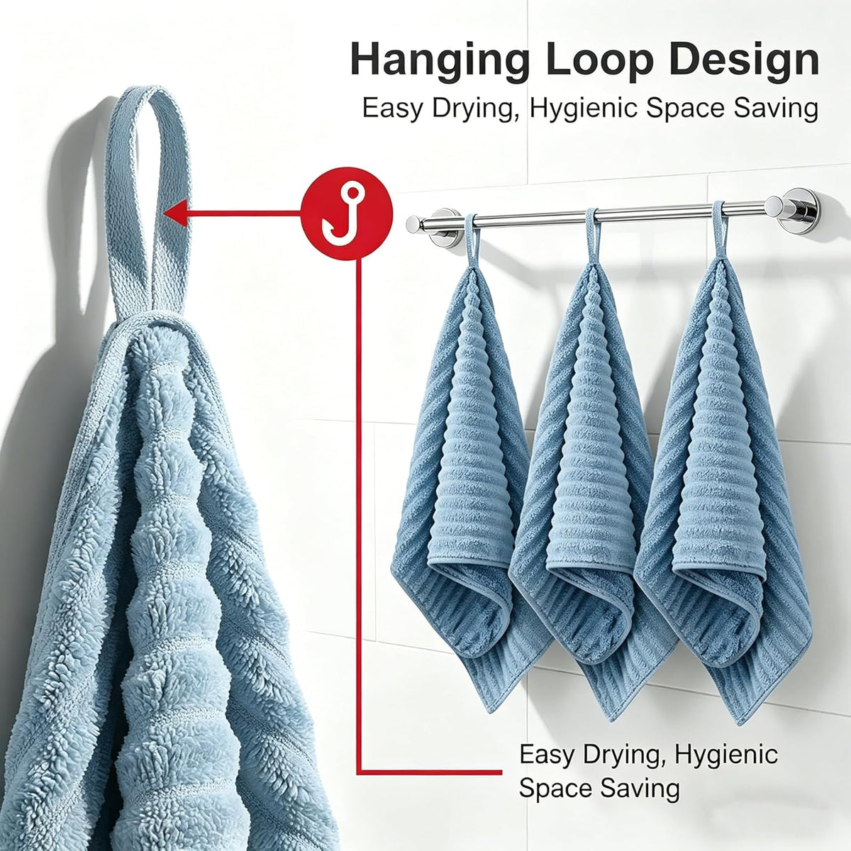 4PCS Blue Microfiber Hand Towels for Bathroom with Hanging Loops