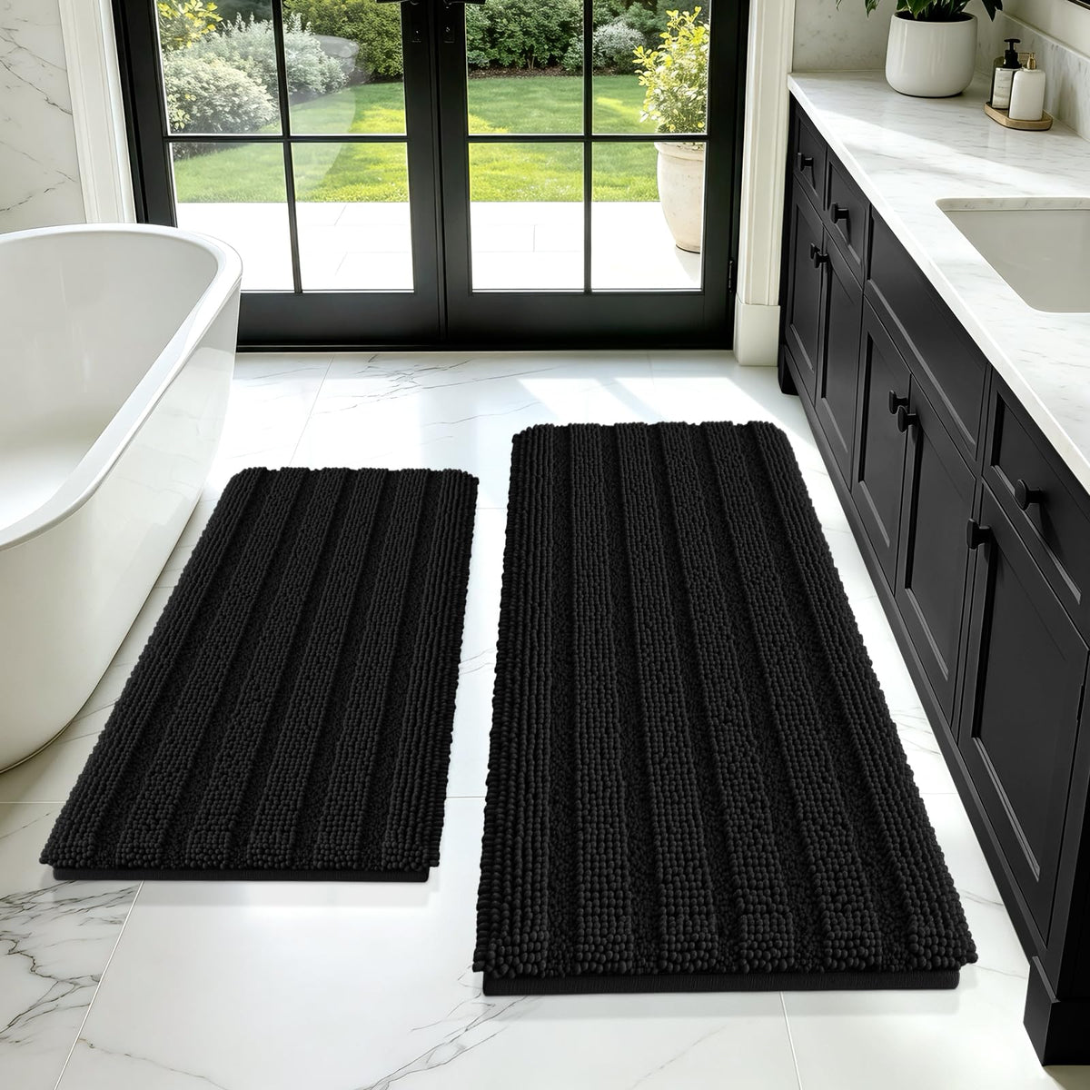 ACCUMTEK Christmas Striped Pink Bathroom Rug Set 3 Pieces Ultra Soft, Non Slip Chenille Toilet Mat, Absorbent Plush Shaggy Bath Mats for Bathroom, Bedroom, Kitchen