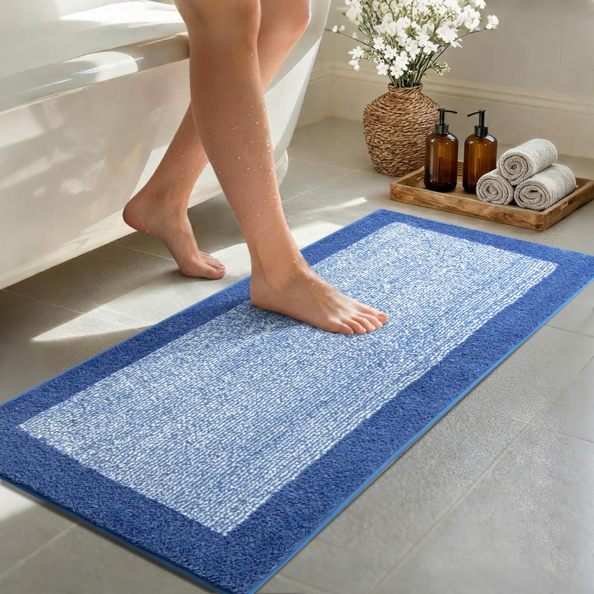 48x24 Long Bathroom Rugs Non Slip Washable, Soft Absorbent Bath Mat Blue