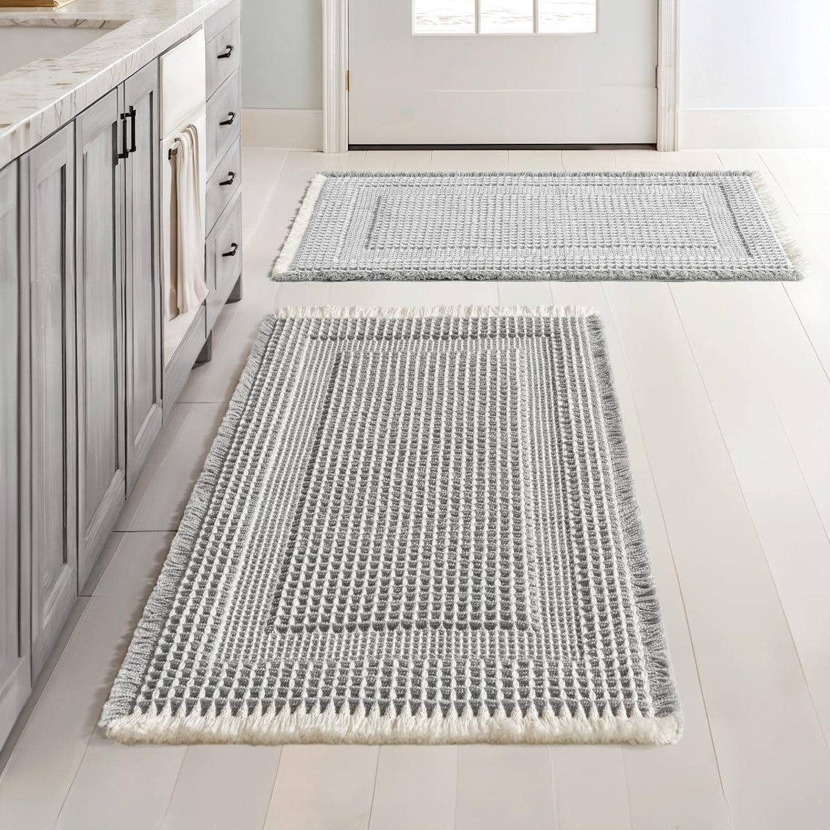 MIULEE Set of 2 Waffle Bathroom Rugs Brown&Cream Boho Bath Mat 17x24+18x30
