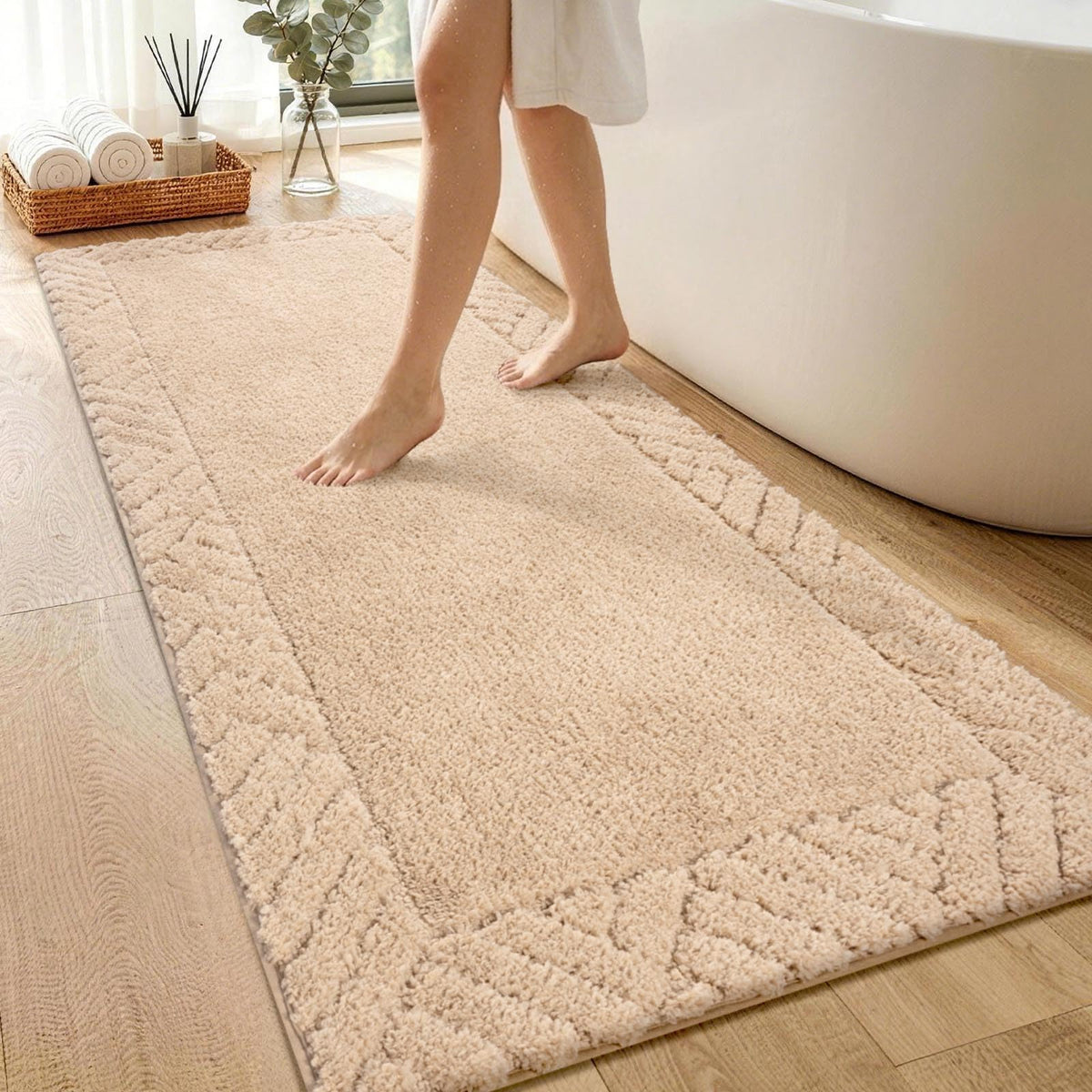 48x17 Long Bathroom Runner Rugs Beige, Non Slip Washable Bath Rugs
