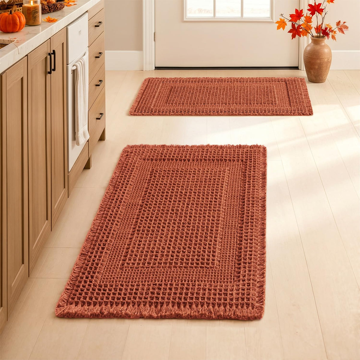 MIULEE Set of 2 Waffle Bathroom Rugs Brown&Cream Boho Bath Mat 17x24+18x30