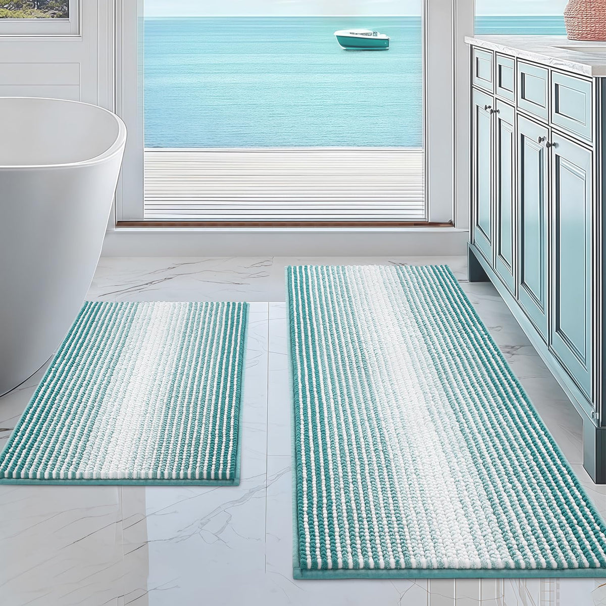 BSICPRO Large Chenille Bathroom Rugs Runner, 20x47 Striped Bath Mats, Beige