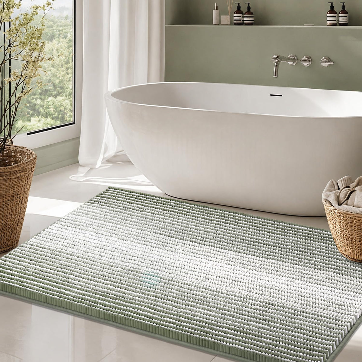 BSICPRO Large Chenille Bathroom Rugs Runner, 20x47 Striped Bath Mats, Beige