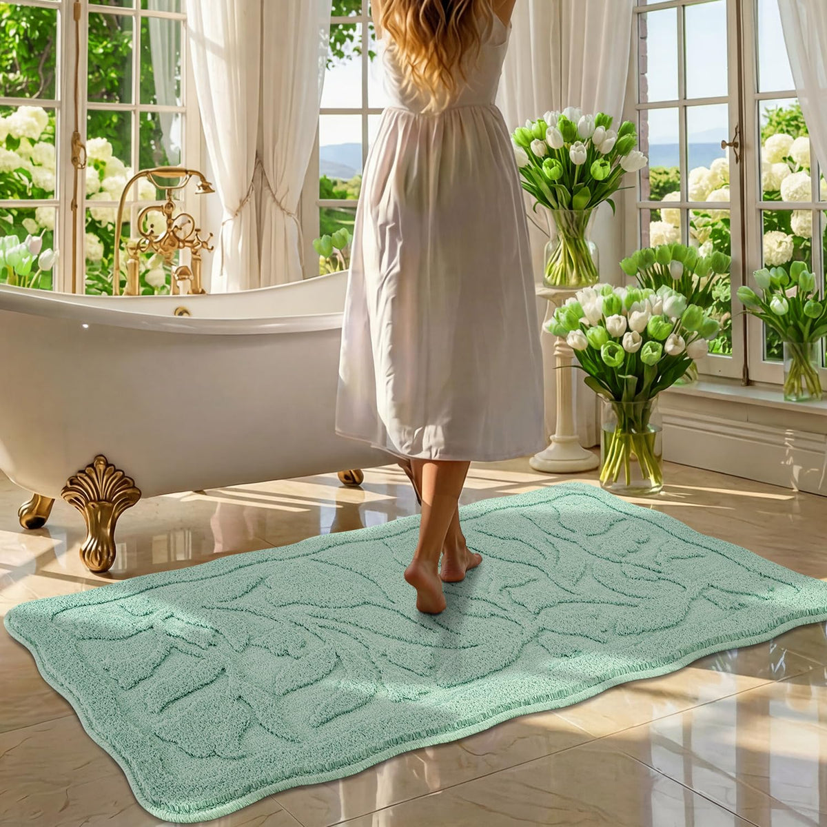 BSICPRO Bathroom Rugs, 32x20 Scalloped Bath Mats, Forest Green