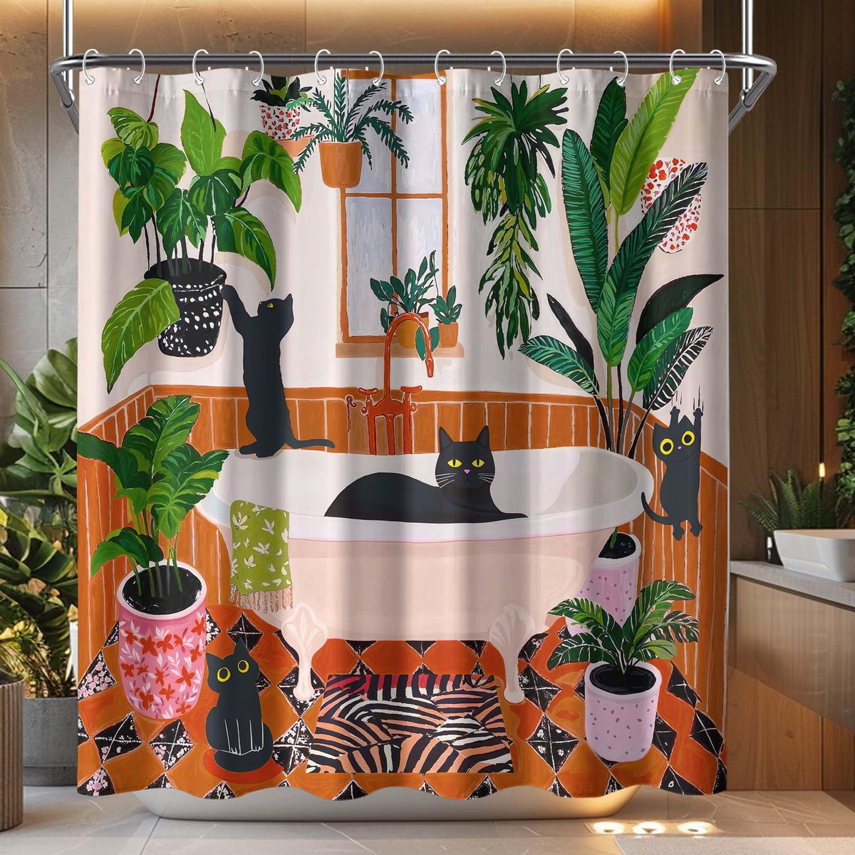 Funny Cat Shower Curtain for Bathroom Green 72x72 Inch