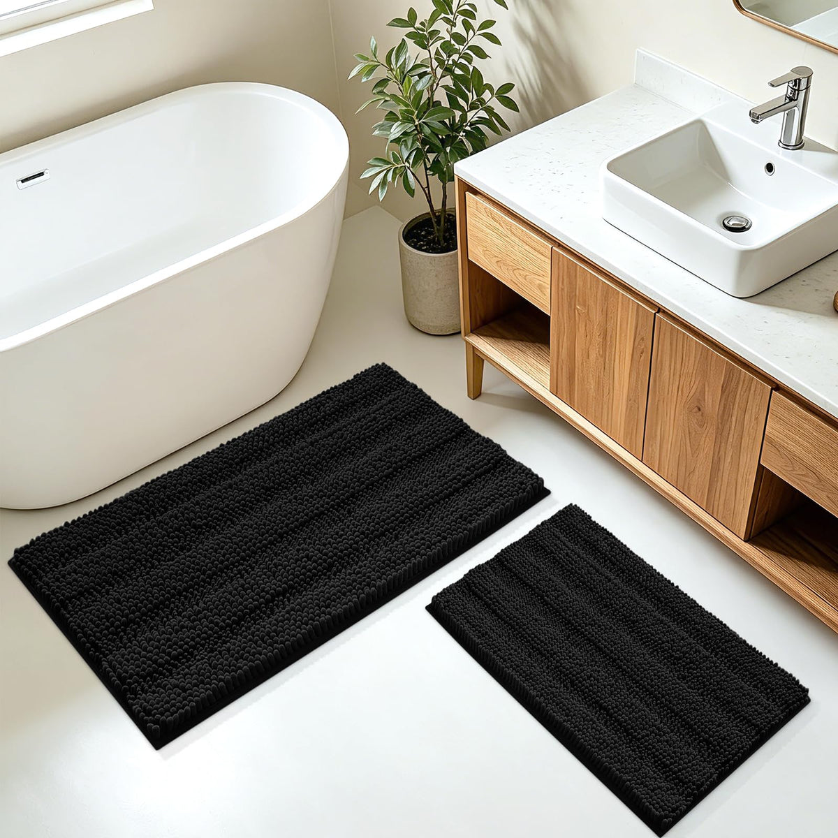 ACCUMTEK Christmas Striped Pink Bathroom Rug Set 3 Pieces Ultra Soft, Non Slip Chenille Toilet Mat, Absorbent Plush Shaggy Bath Mats for Bathroom, Bedroom, Kitchen