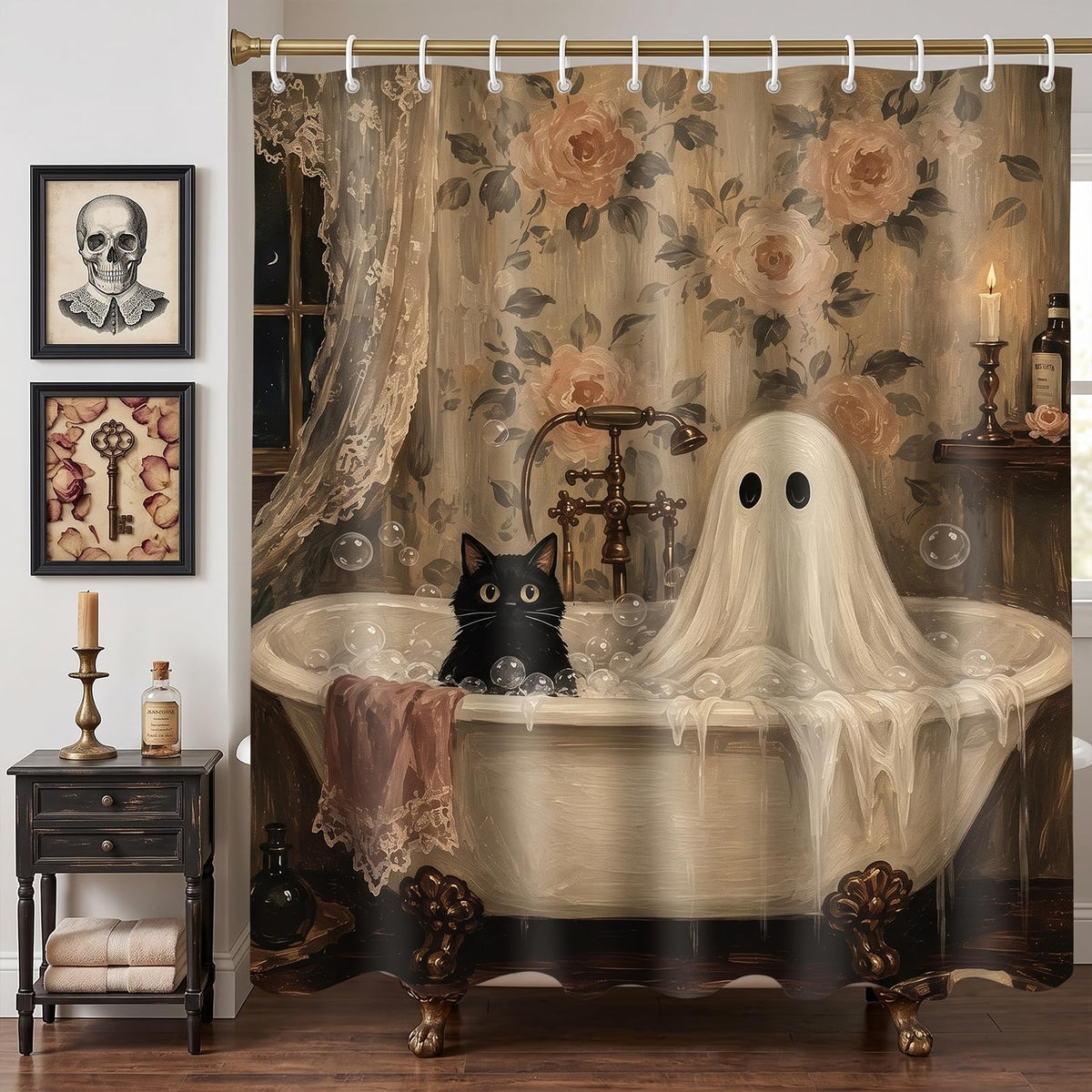 Halloween Shower Curtain 71x71in, Ghost Floral Bath Bathroom Decor