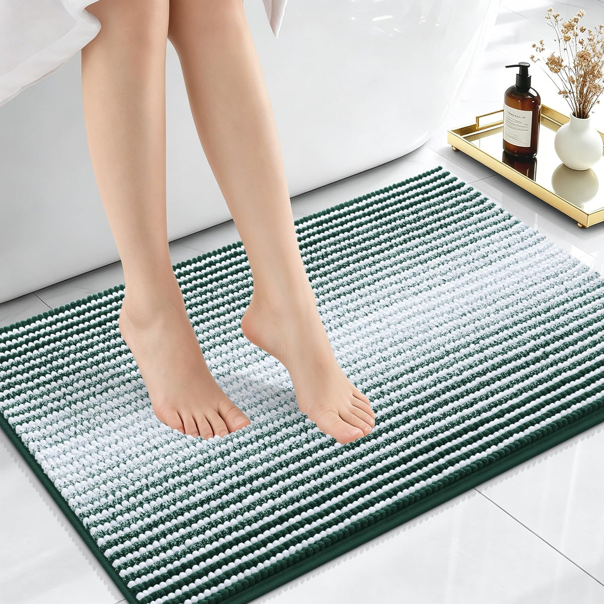 OLANLY Bathroom Rugs 30x20, Soft Chenille Striped Bath Rugs, Grey