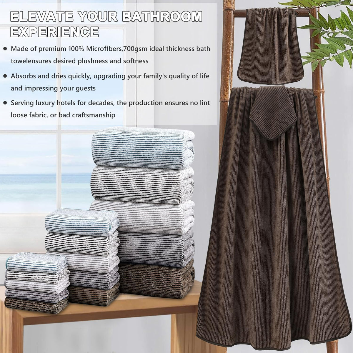 8-Piece Premium Towel Set for Bathroom|2 Oversized Large Bath Sheet,2 Hand Towels,4 Washcloths|Soft Cozy Highly Absorbent Fast Dry Microfiber Shower Towel Set for Hotel Bathroom Essentials,Dark Brown