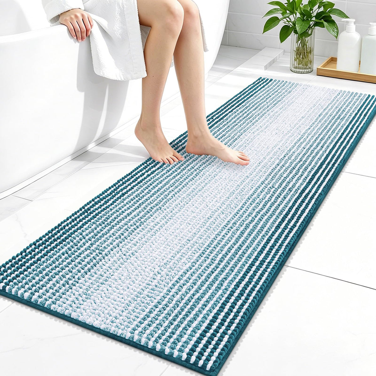 OLANLY Bathroom Rugs 30x20, Soft Chenille Striped Bath Rugs, Grey