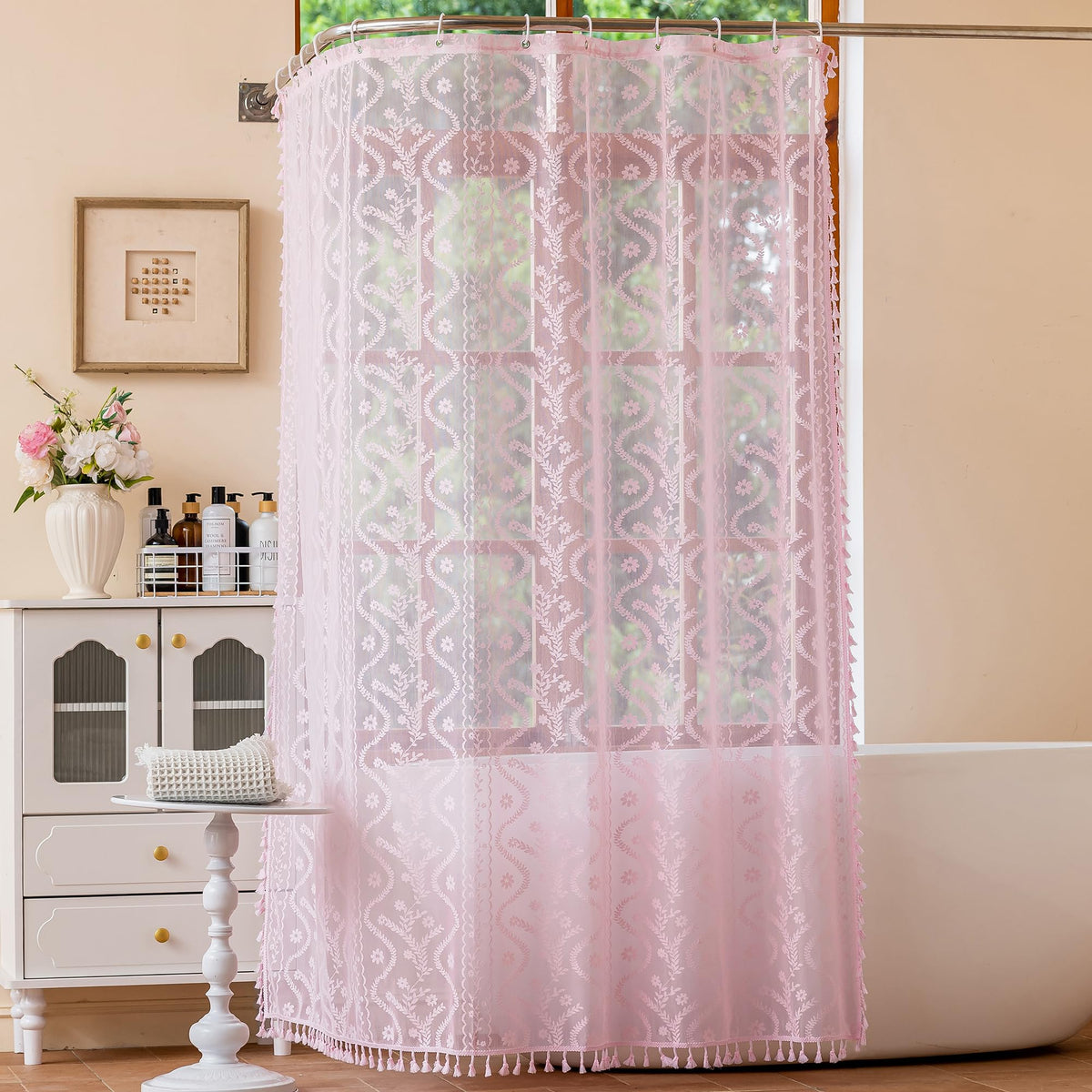 WAZZIO Dark Sage Green Lace Shower Curtain,Boho Chic,72 x 84 in