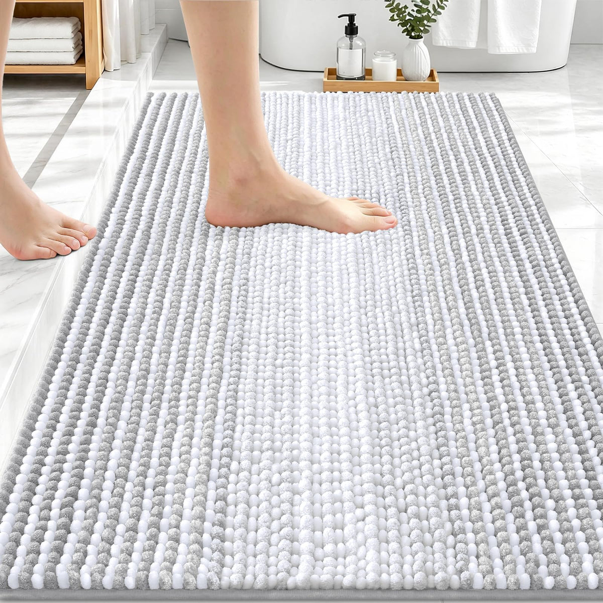 OLANLY Bathroom Rugs 30x20, Soft Chenille Striped Bath Rugs, Grey