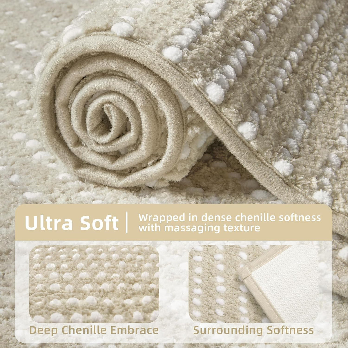 Bathroom Rugs 24'' x 17'', Extra Soft & Super Absorbent Bath Rugs Mat Non Slip Machine Washable, Quick Dry Bath Mats, Shaggy Microfiber Chenille Bath Rug for Bathroom Floor, Tub and Shower, Beige