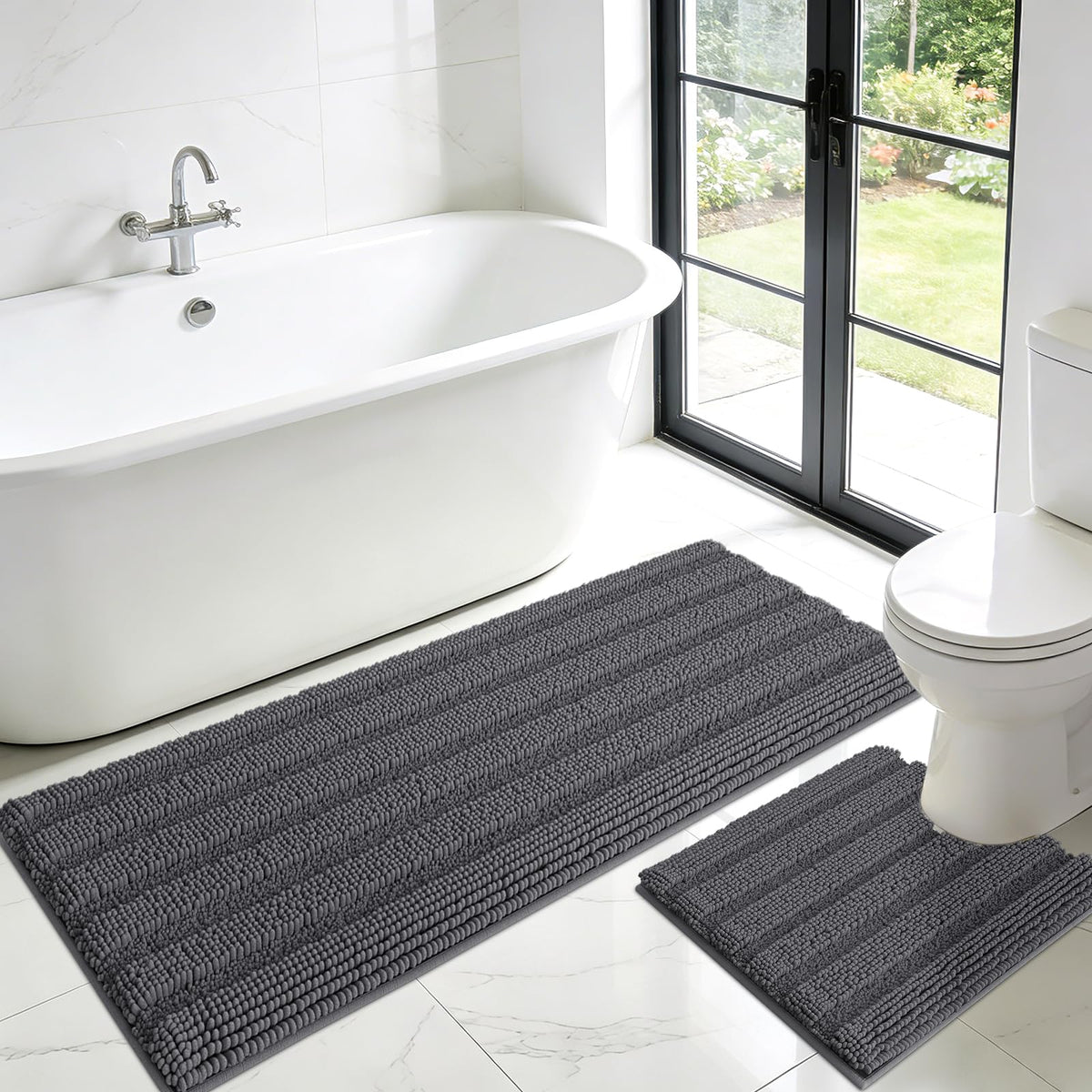 ACCUMTEK Christmas Striped Pink Bathroom Rug Set 3 Pieces Ultra Soft, Non Slip Chenille Toilet Mat, Absorbent Plush Shaggy Bath Mats for Bathroom, Bedroom, Kitchen