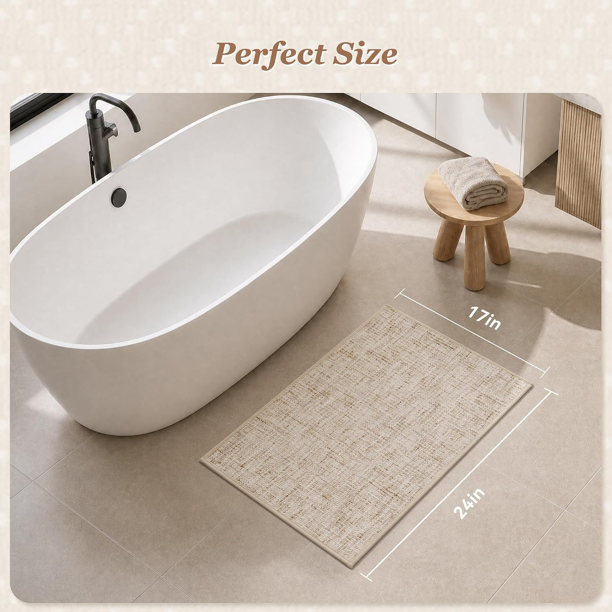 Chenille Bath Mat Non Slip Absorbent Quick Dry Bathroom Mat 17"x24", Beige