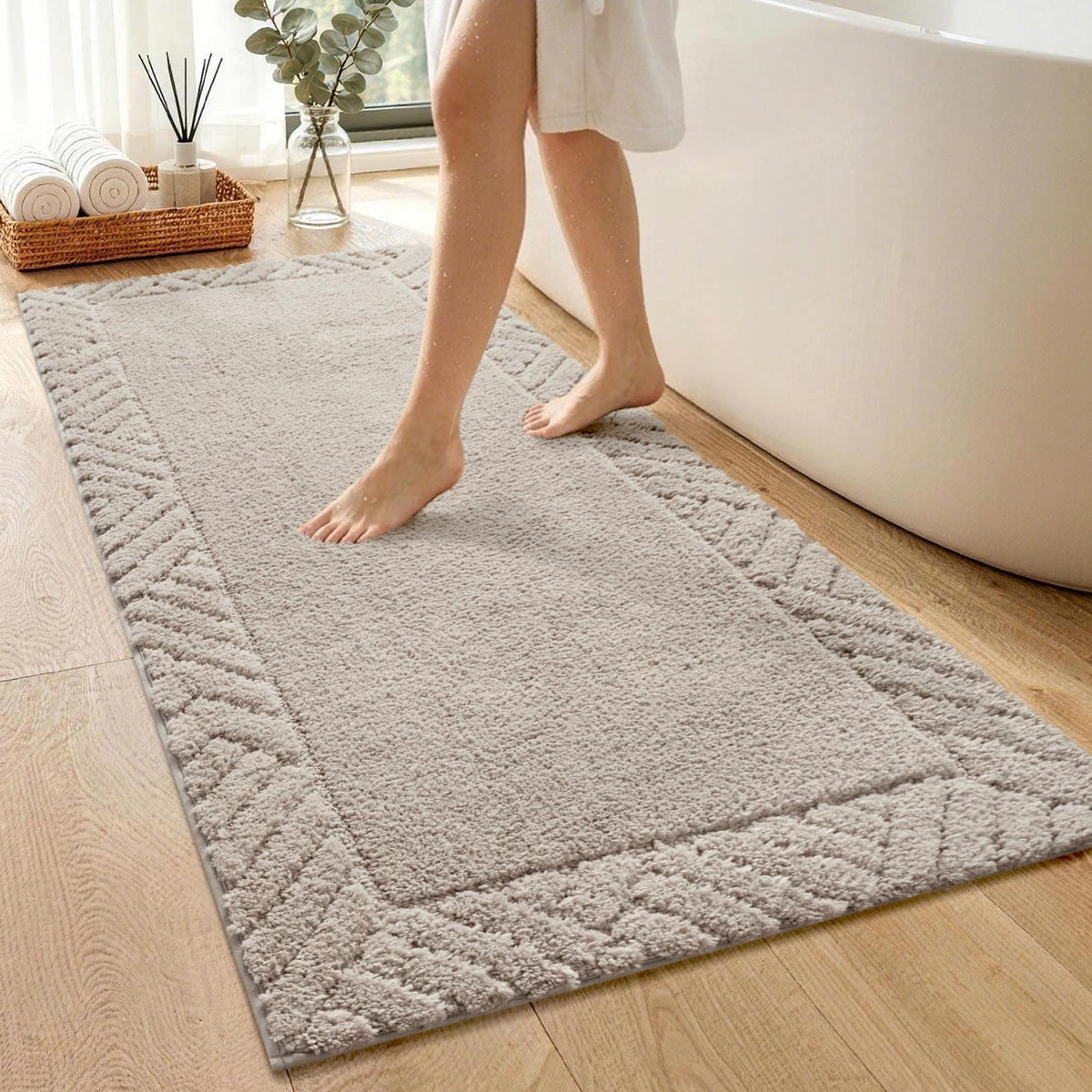 48x17 Long Bathroom Runner Rugs Beige, Non Slip Washable Bath Rugs